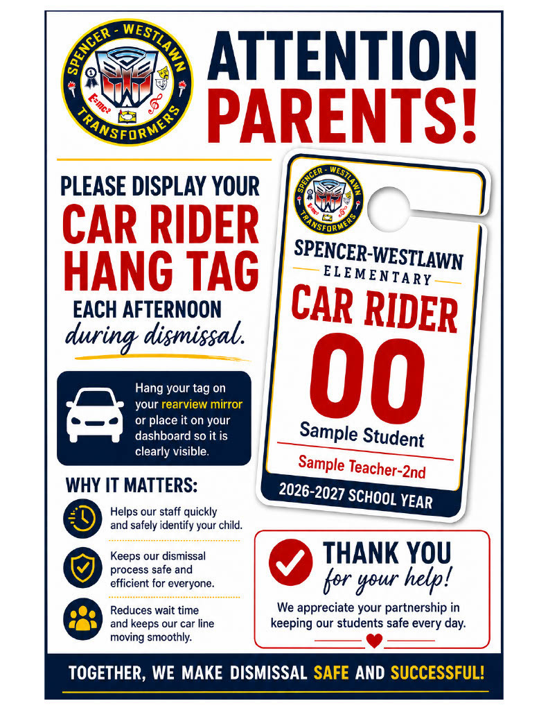 Car rider hang tag information regarding dismissal instructions. 