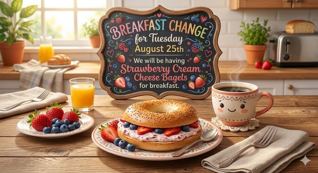 Table with a sign above it that reads "Breakfast Change for Tuesday, August 25th" with food and beverages on it.