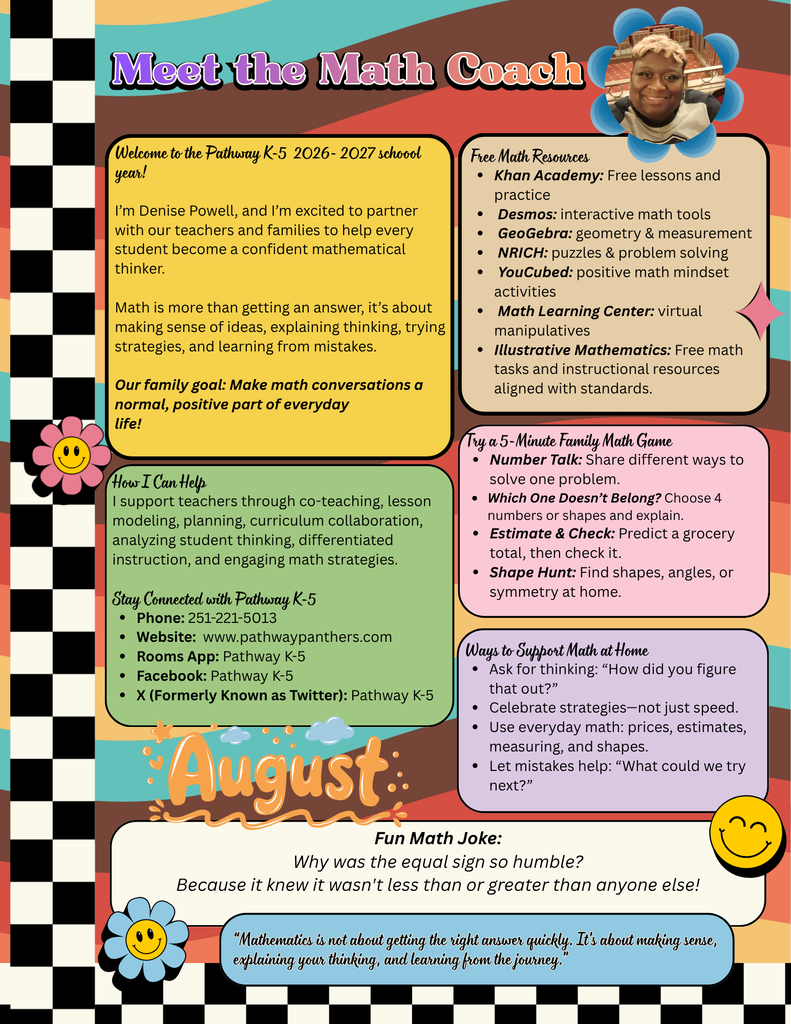 Black and white checkered background with "Meet the Math Coach" at the top. It includes a teacher's photo and a description of their role.
