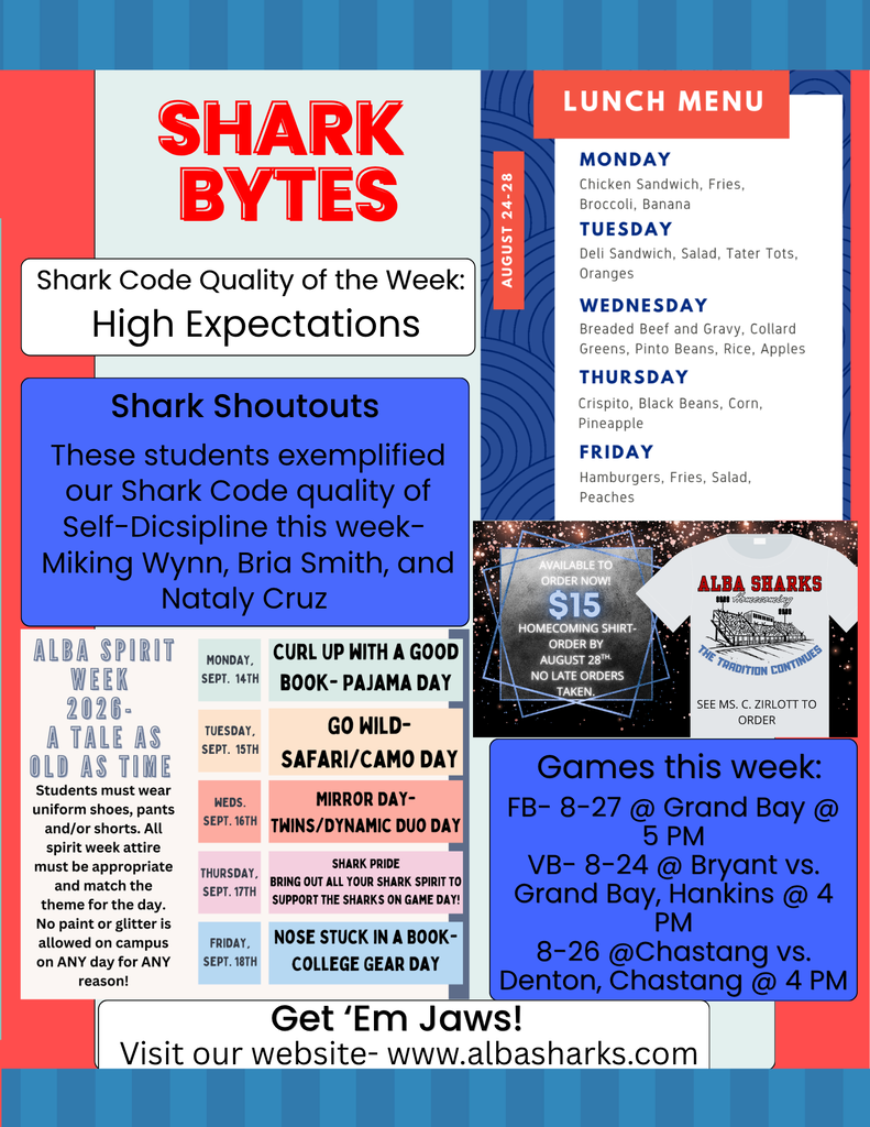 A flyer includes a menu, Shark Shoutouts, and games. The menu lists various lunch options. Shark Shoutouts highlight students.