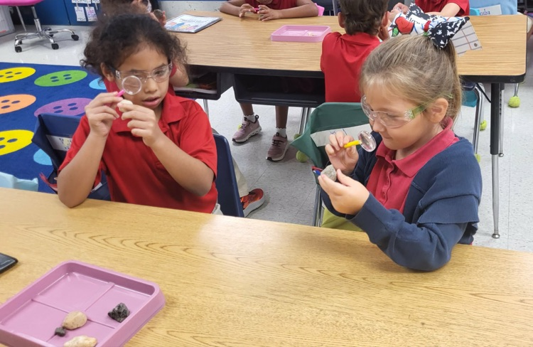 miss Caballero’s class observing rocks with magnifying glass in their classroom sitting at their tables