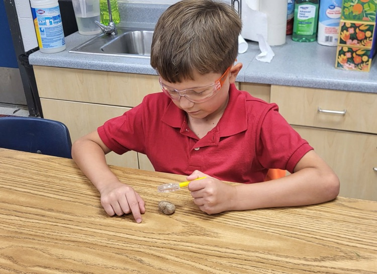 miss Caballero’s class observing rocks with magnifying glass in their classroom sitting at their tables