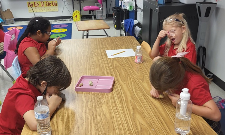 miss Caballero’s class observing rocks with magnifying glass in their classroom sitting at their tables