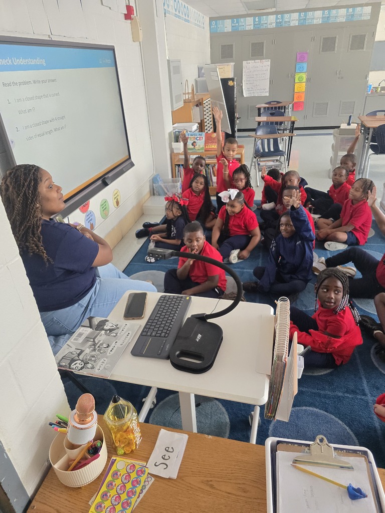 A teacher sits at a desk in front of a screen, with a group of children seated on the floor.