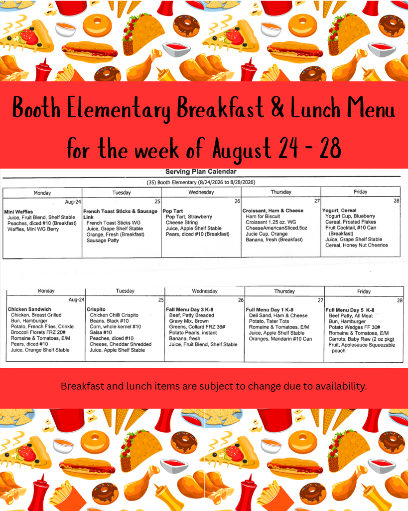 School lunch menu for Aug 24 - 28