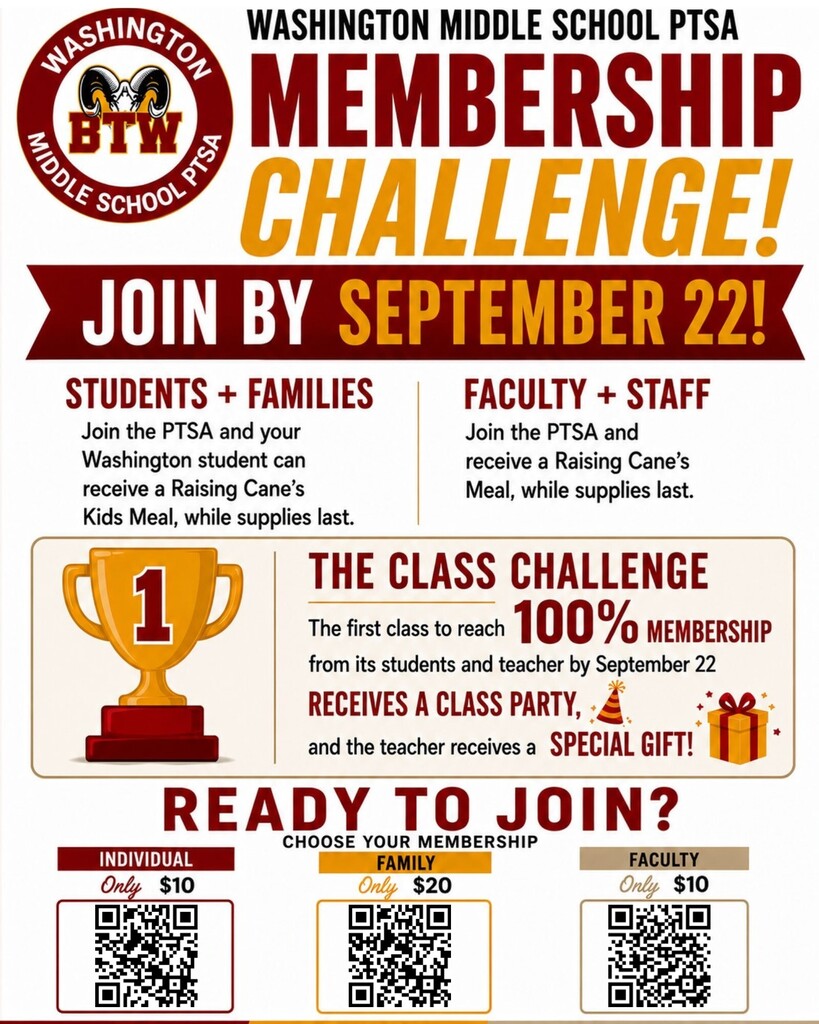 Students, Families, Faculty, and Staff can join Washington Middle School PTSA by September22