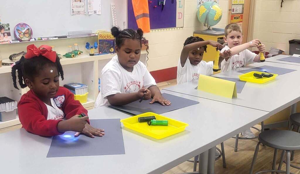 Students shining small flashlights over their hands to show shadow on a piece of construction paper