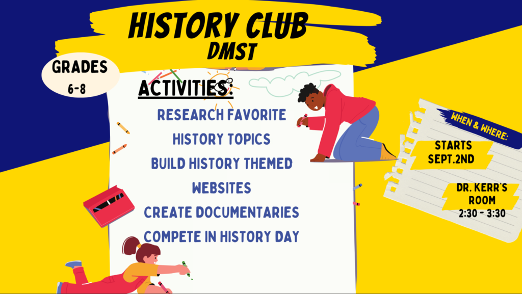 A poster shows a yellow and blue background with activities listed, including research, building websites, and creating documentaries.