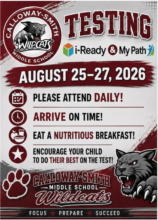 An announcement for school testing on August 25-27, 2026. It features a Wildcats logo and a black cat.