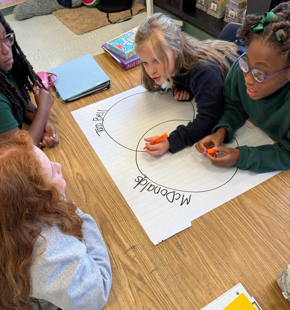 Four girls creating a Venn diagram to compare McDonald's and Taco Bell
