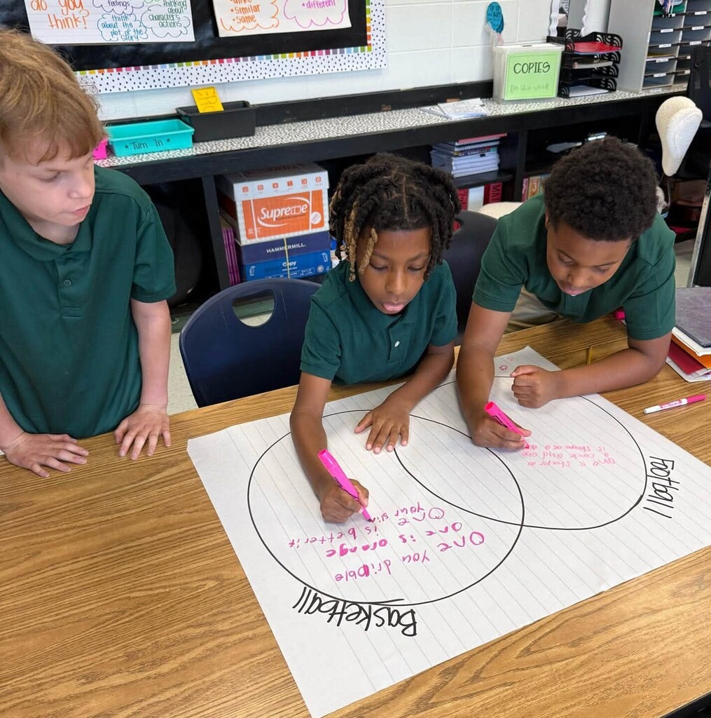 Three boys creating a Venn diagram to compare football and basketball