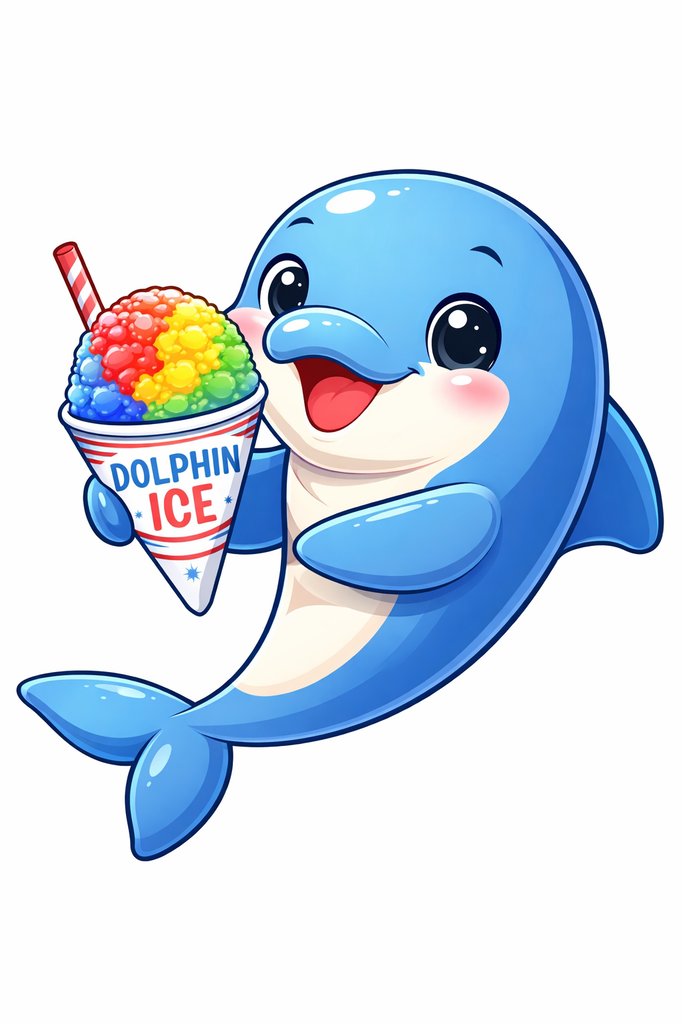 Dolphin holding a snowcone that reads Dolphin Ice