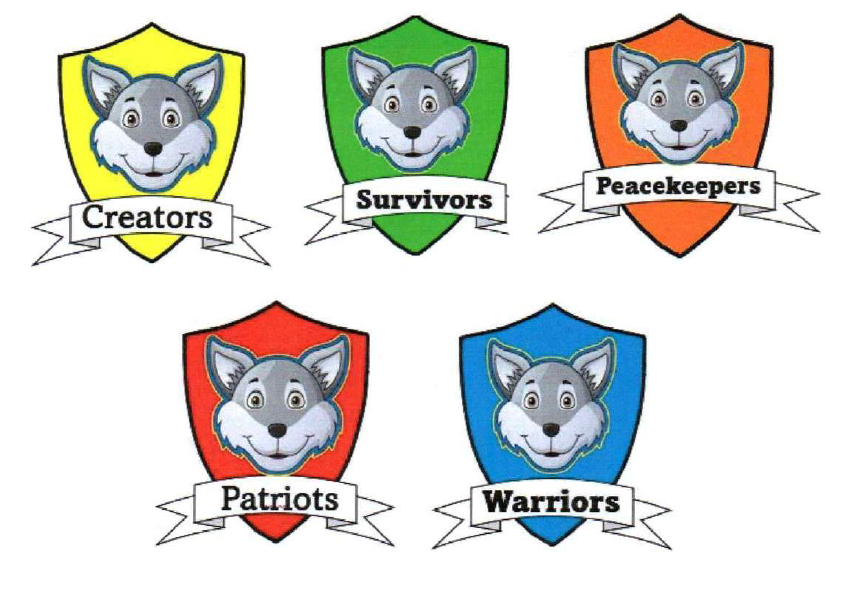 Five shields with wolf emblems and text. Names include: Creators, Survivors, Peacekeepers, Patriots, Warriors. Background is white.