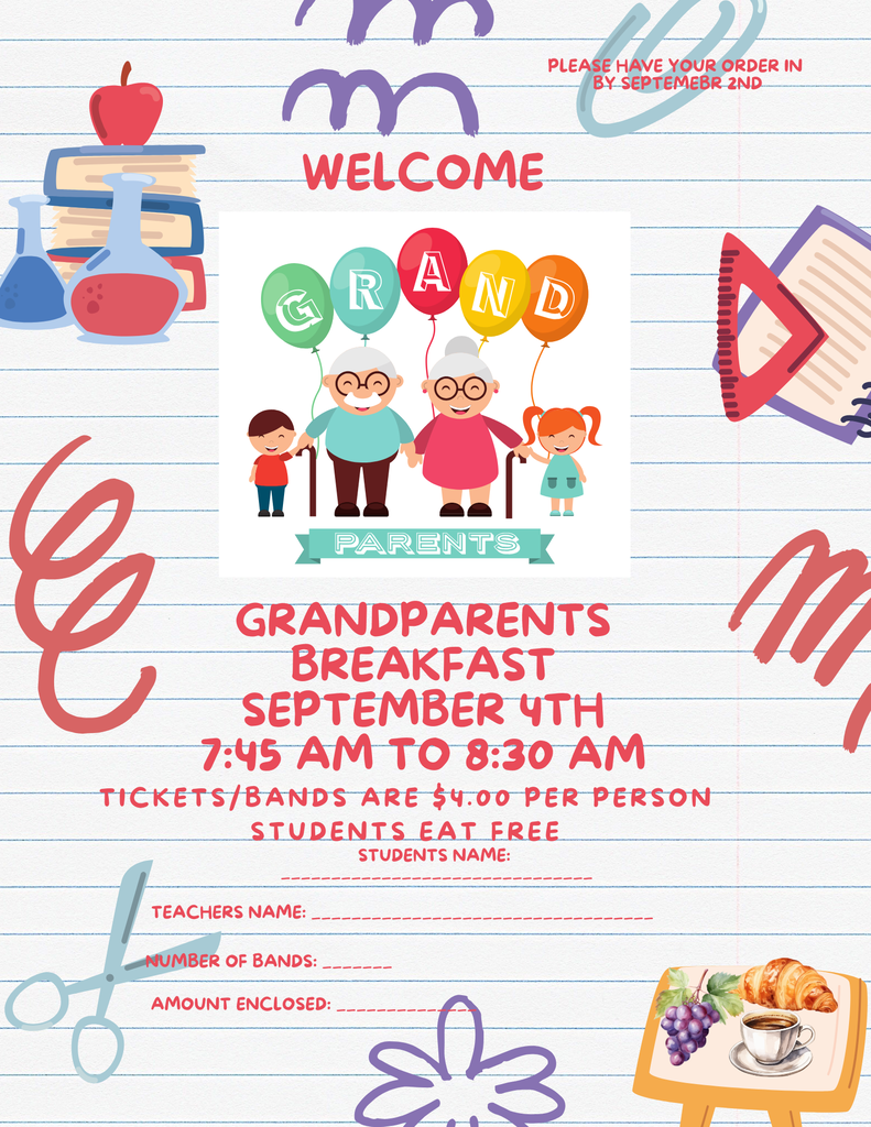 A colorful flyer for Grandparents Breakfast. Held on September 4th from 7:45-8:30 am. Tickets cost $4.00 each.  The flyer features a family of four, balloons, and various school supplies.