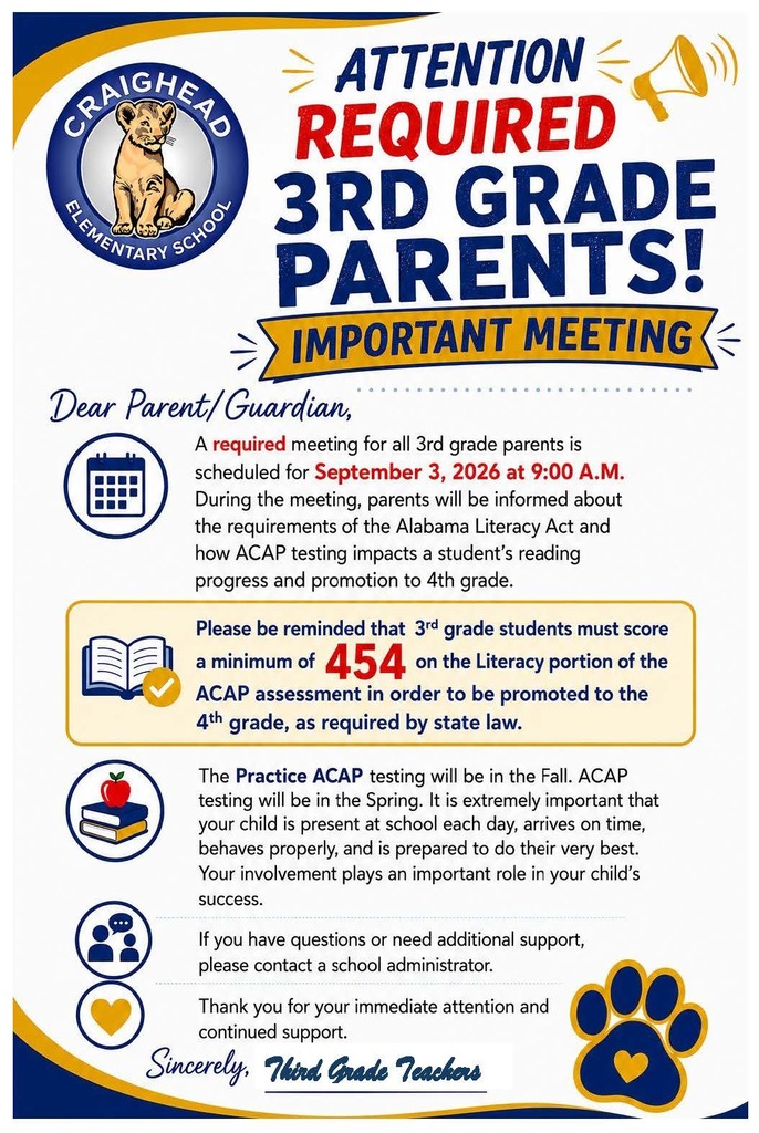 A flyer informs 3rd grade parents of an important meeting about ACAP testing. Details include date, time, and location.