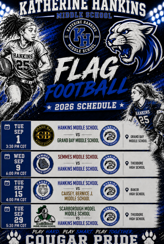 bold flyer in school colors with game dates and locations