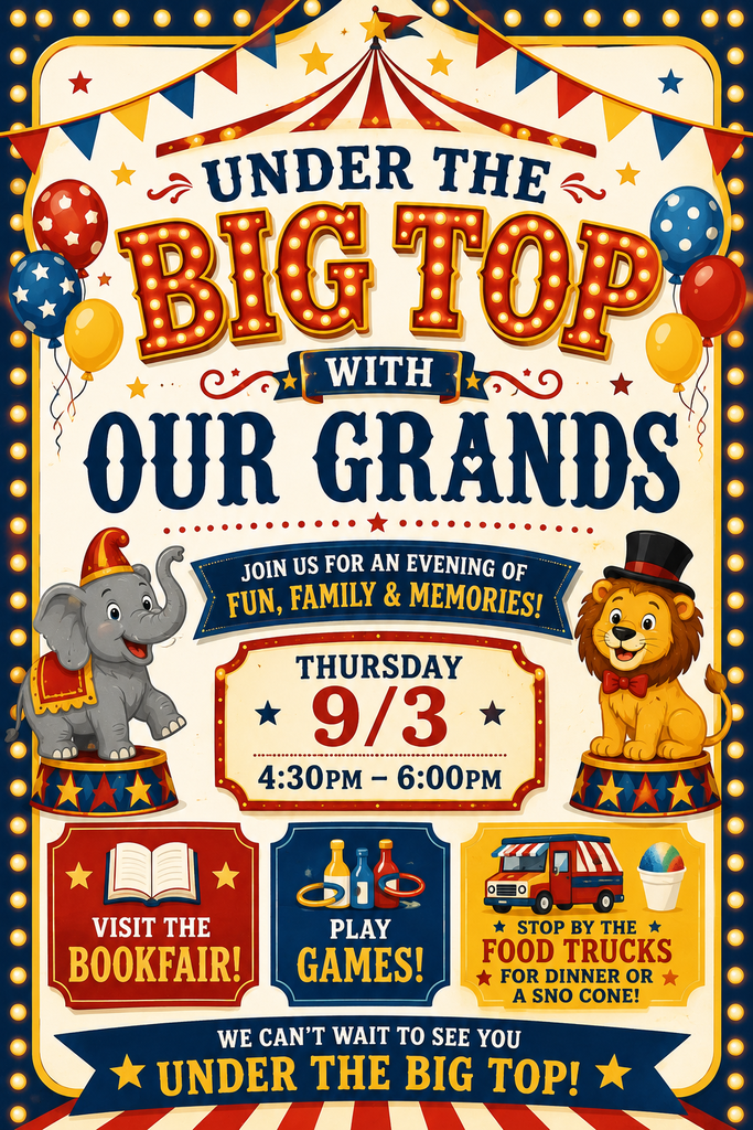 A poster with a circus theme. It features a big top tent, balloons, a lion, an elephant, and text inviting people to join for an evening of fun.