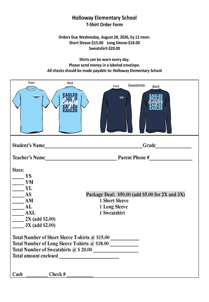 A form with three blue long-sleeve shirts in front. Instructions for placing an order for T-shirts and sweatshirts.