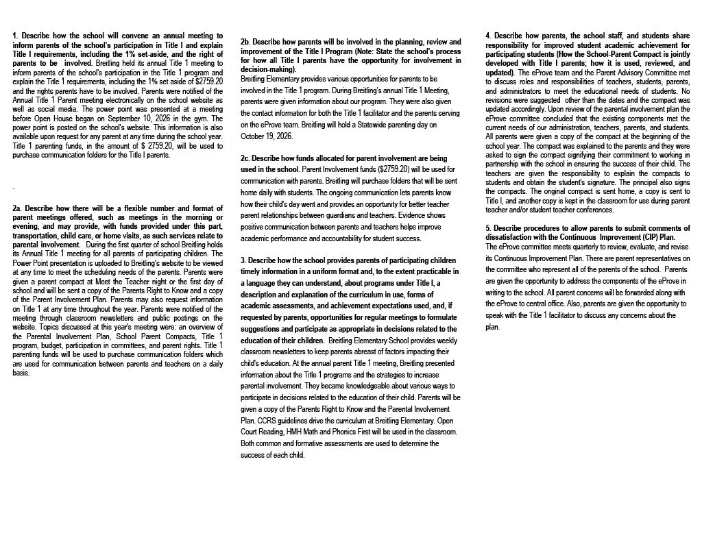 Breitling's Parent and Family Engagement Plan 