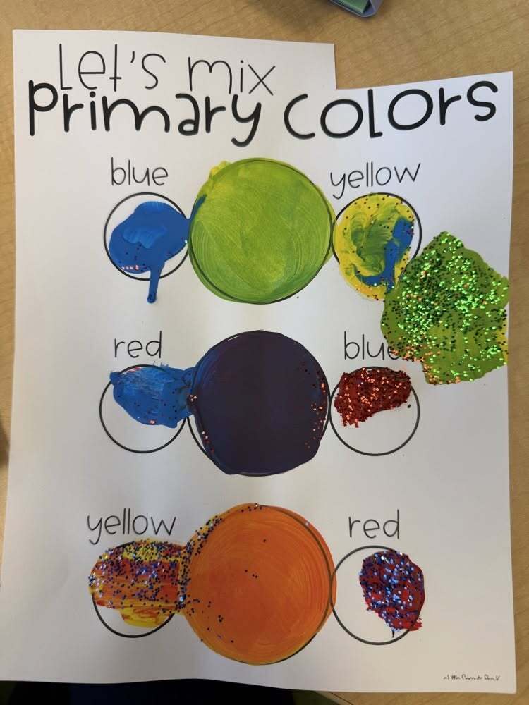 A worksheet with primary colors mixed to make new colors