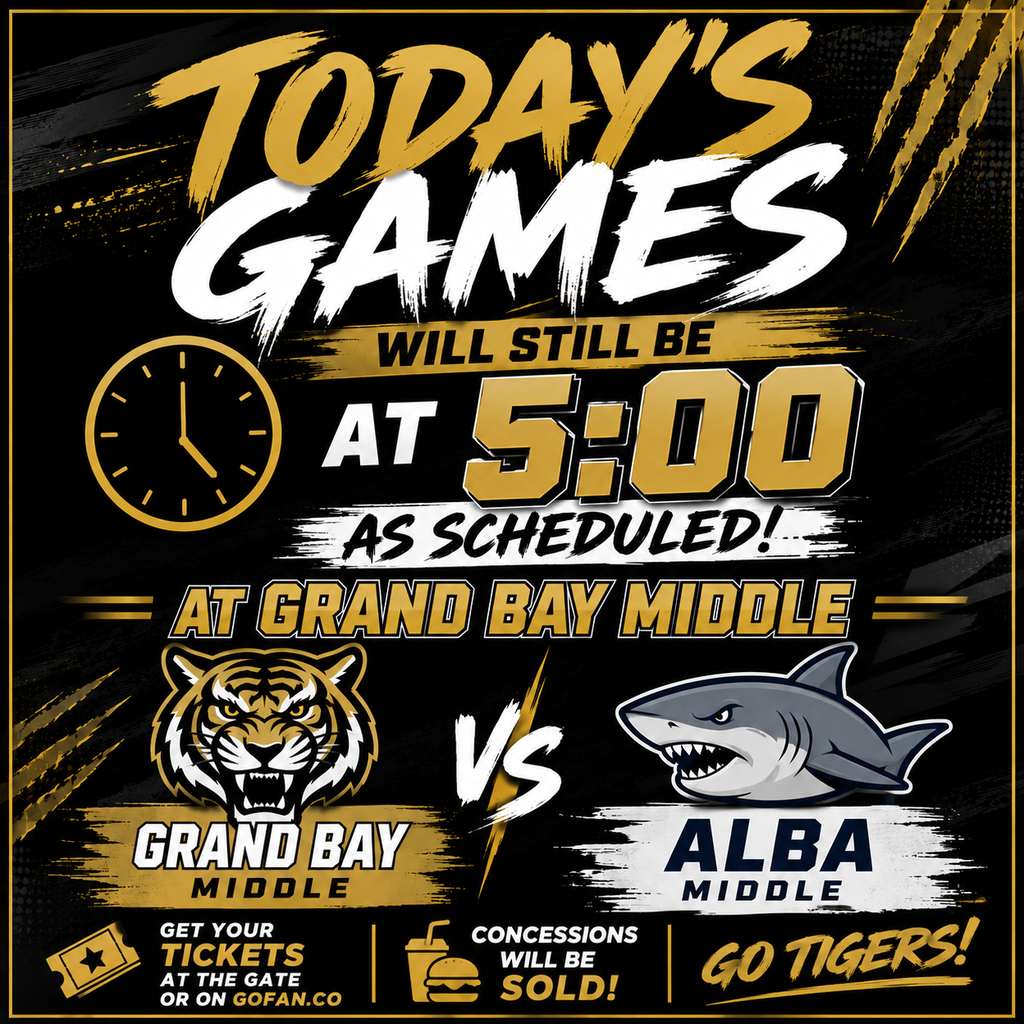 🏈 GAME DAY! 🏈  Today’s games are STILL ON as scheduled! We’ll kick things off at 5:00 PM at Grand Bay Middle vs. Alba Middle.  🎟️ Tickets available at the gate or on GoFan.co 👧 Kids 6 and under get in FREE! 🍔 Concessions will be available!  Come out and support your Grand Bay Tigers! 🐯🖤💛