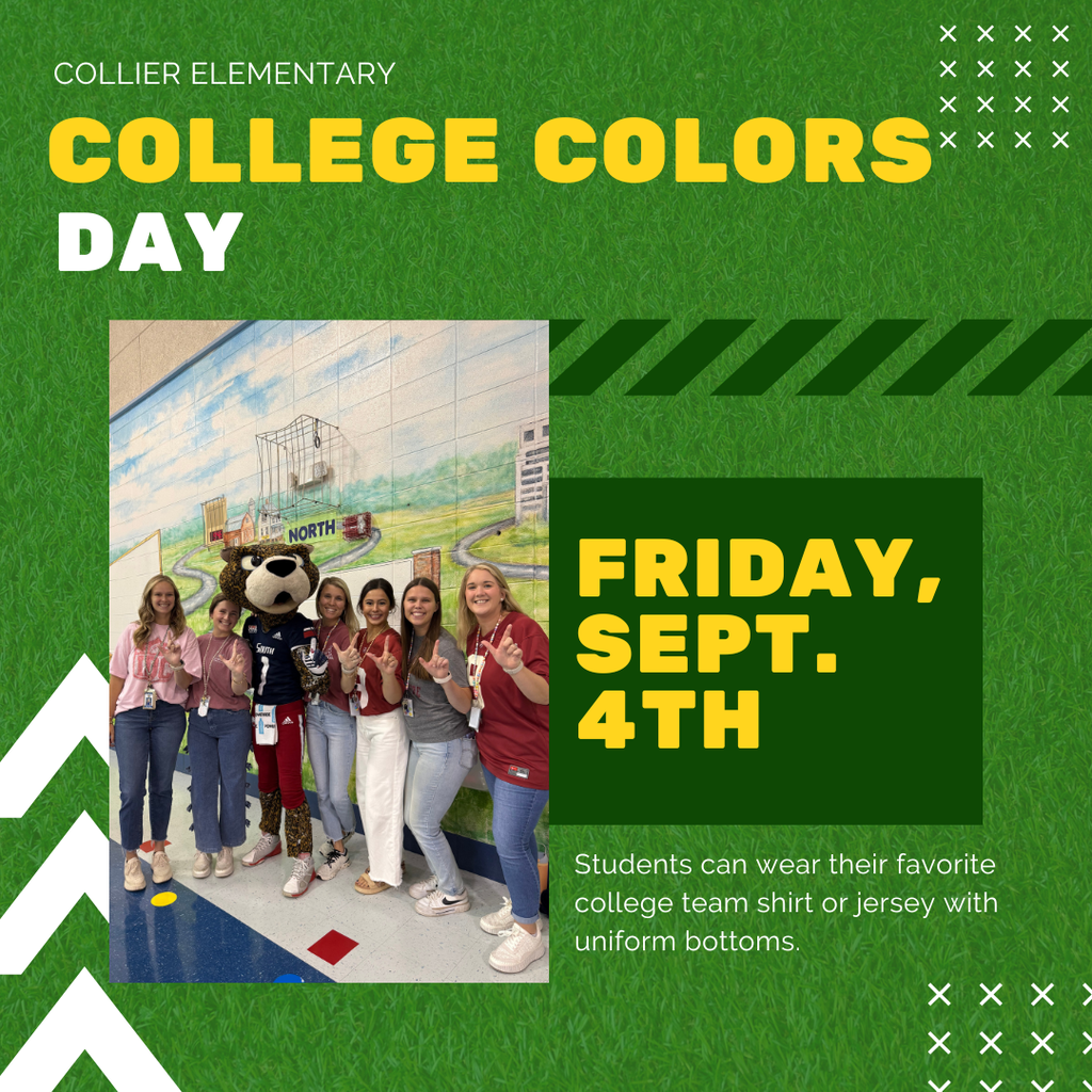 Poster with a green background. It reads "College Colors Day" with a photo of students in the corner.