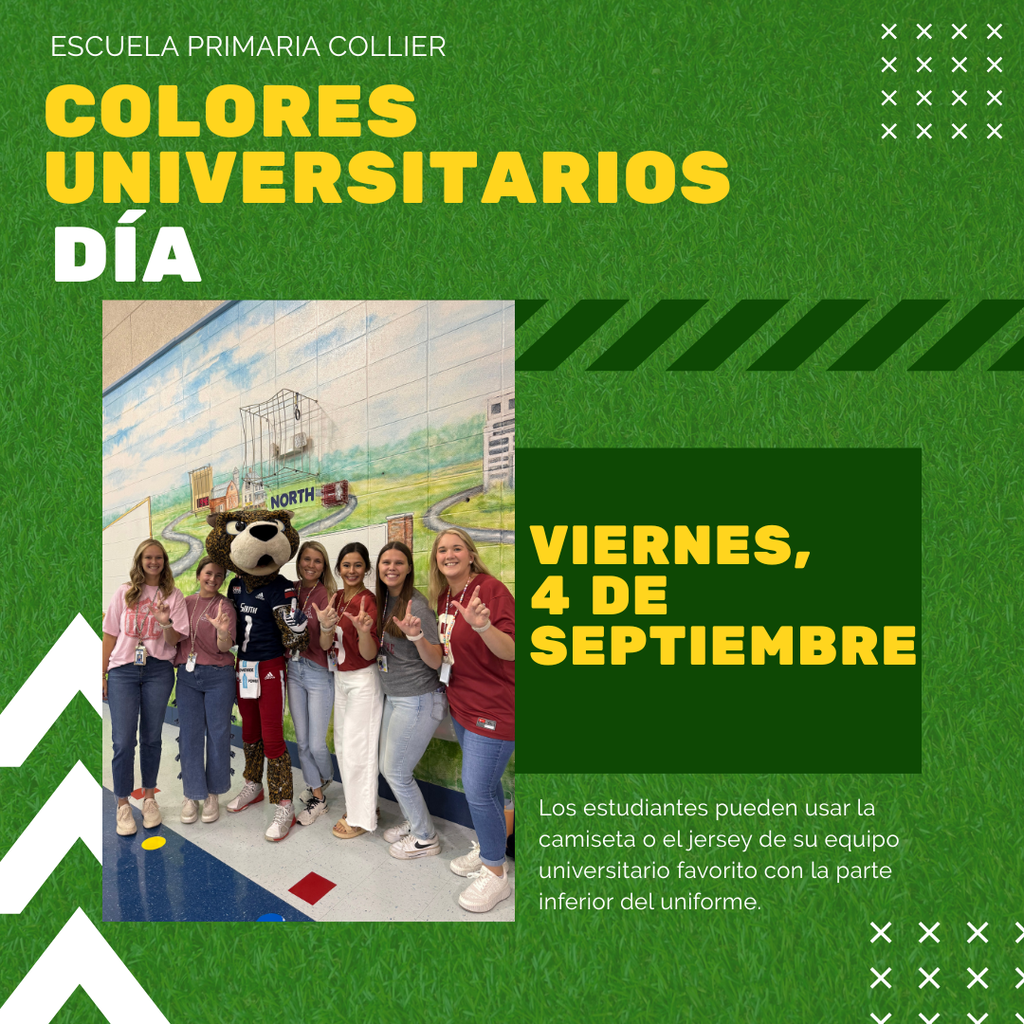 Poster with "Colores Universitarios Día" and date. Photo of students, mascot, and building.