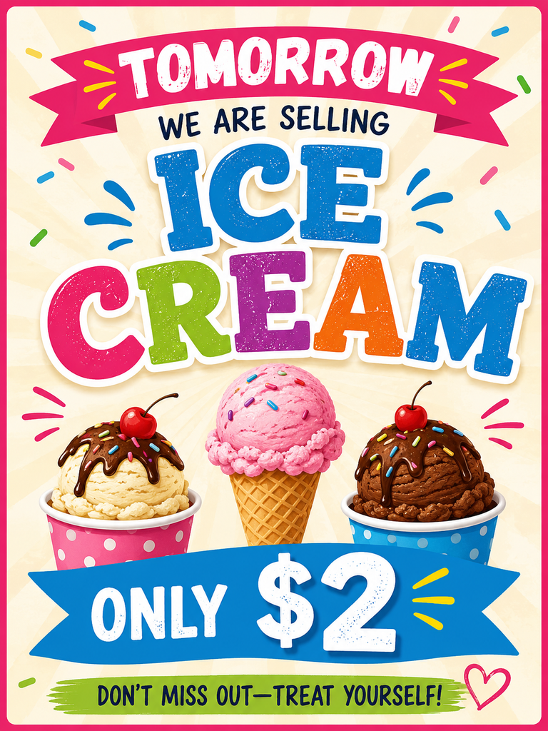An ice cream sale poster with three ice cream options: pink, chocolate, and vanilla. Each has a cherry on top. Price is $2.