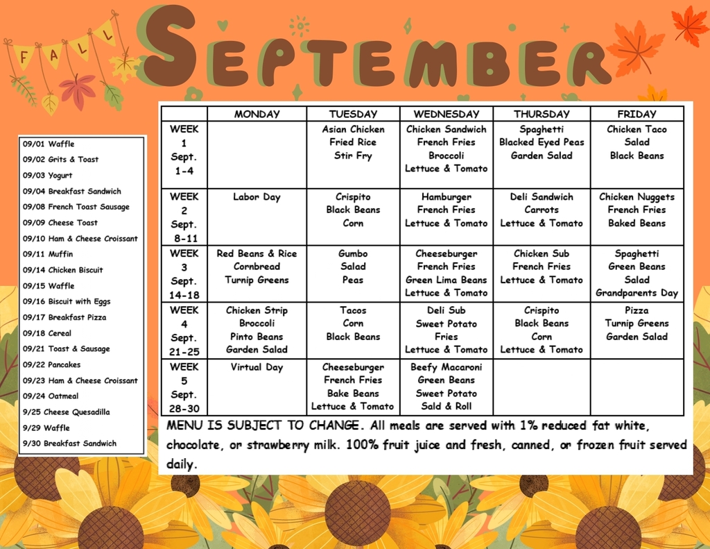 A chart displaying September's menu with foods listed for each week. The background is orange with sunflowers.