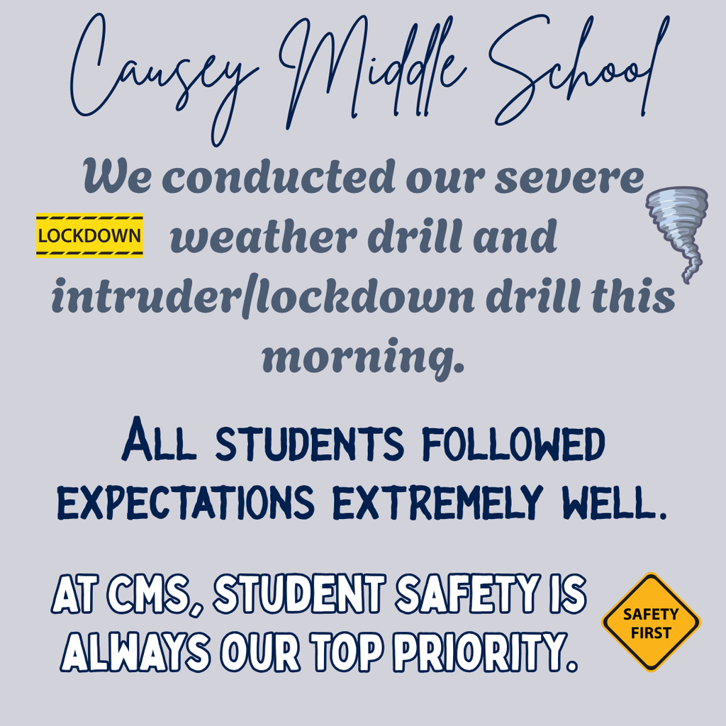 An announcement from Casey Middle School about drills, with a safety symbol in the lower right corner.