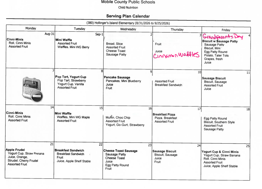 Document shows a school meal calendar. Entries are listed for each day with food options and handwritten notes. https://aptg.co/4XlkC7