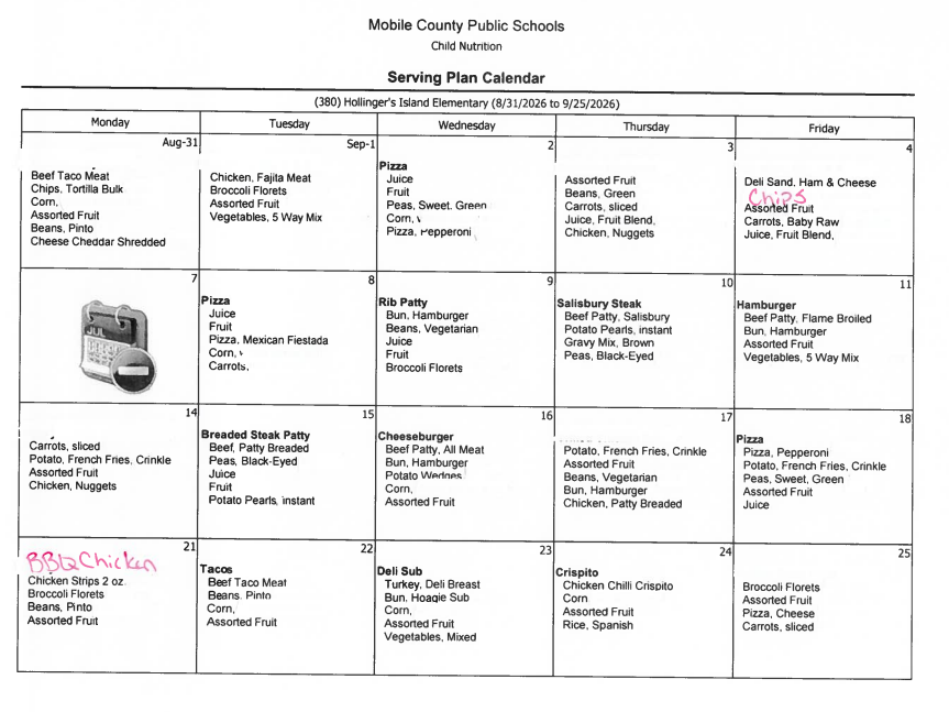 A grid-style table with columns for each weekday. Each row displays meal options for the week. The table header reads "Mobile County Public Schools." https://aptg.co/4XlkC7