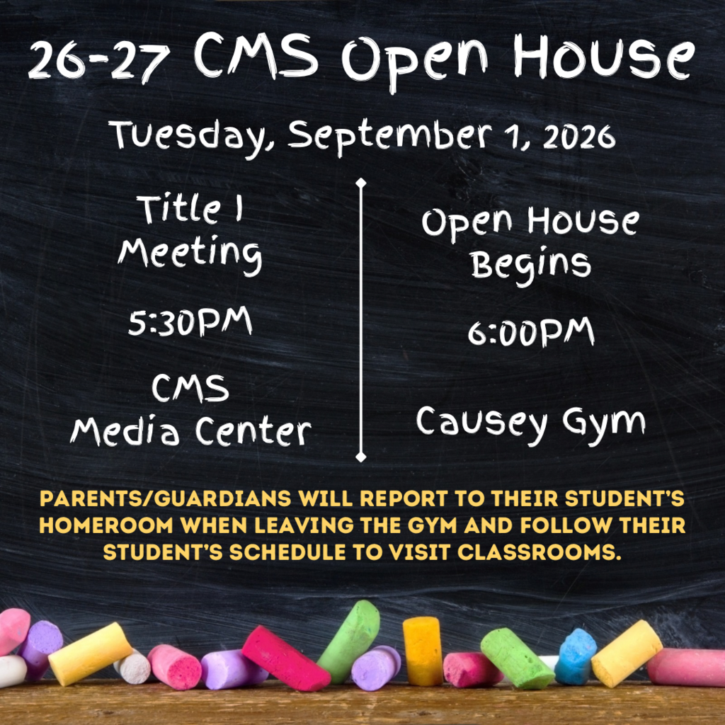 A chalkboard displays the schedule for an open house event, with colorful chalk pieces at the bottom.
