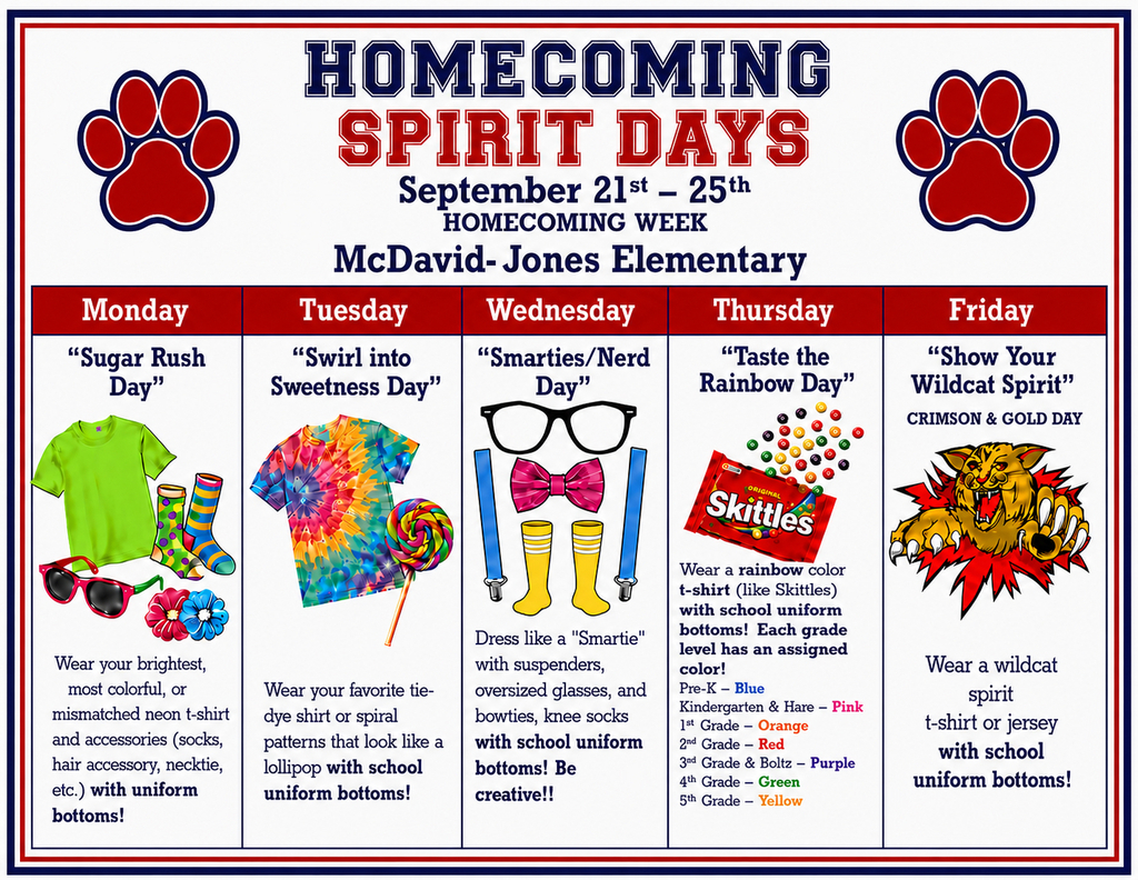 Parents, here are our dress up days for homecoming. Let's have fun but please follow the dress code policy as stated in the pictures for each day.