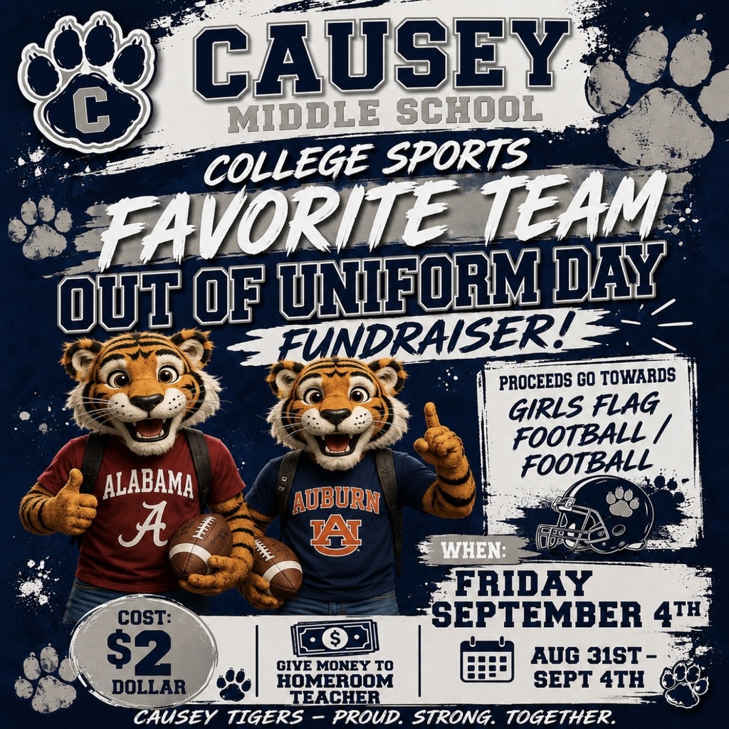 An advertisement with the words "Causey Middle School College Sports Favorite Team Out of Uniform Day Fundraiser!" and two mascots.