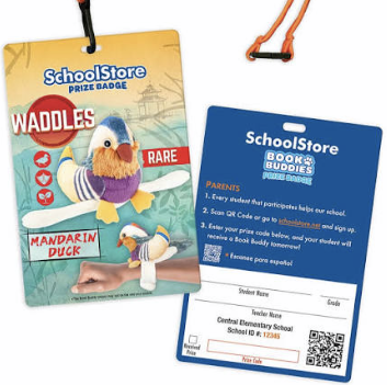 Two badges side by side; one yellow features "Waddles" in Mandarin Duck colors. The blue one has a QR code and "SchoolStore Books Buddies" text.