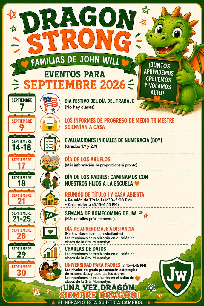 A poster lists events for John Will in September 2026, featuring dates, icons, and a green dragon. Background is dark green with text and a logo.