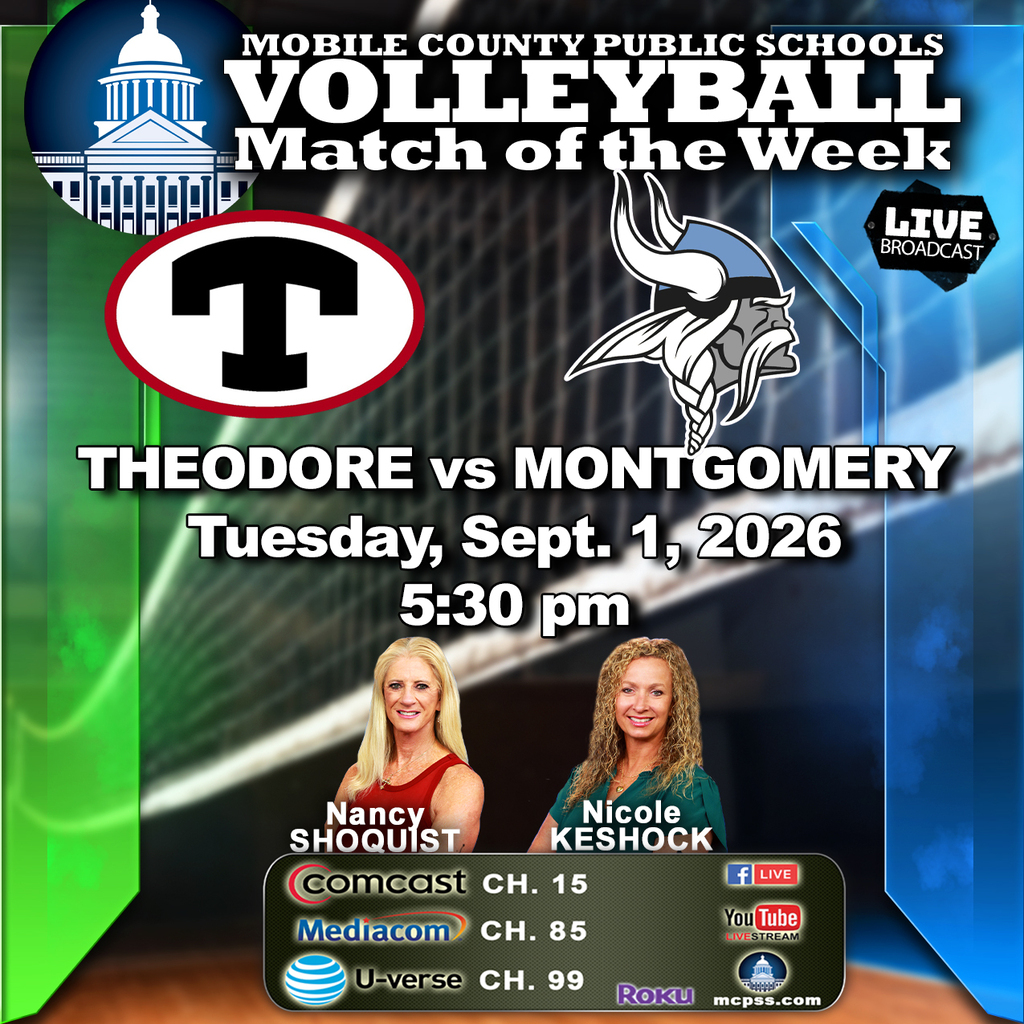Graphic promoting the mcpssTV High School Volleyball Match of the Week between Theodore and Mary G. Montgomery on September 1