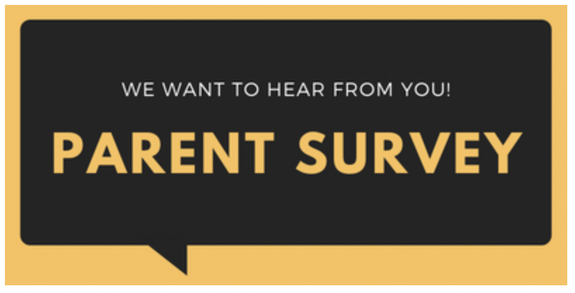 Black background with a yellow speech bubble. The text "We want to hear from you!" is above the word "Parent Survey" in yellow.