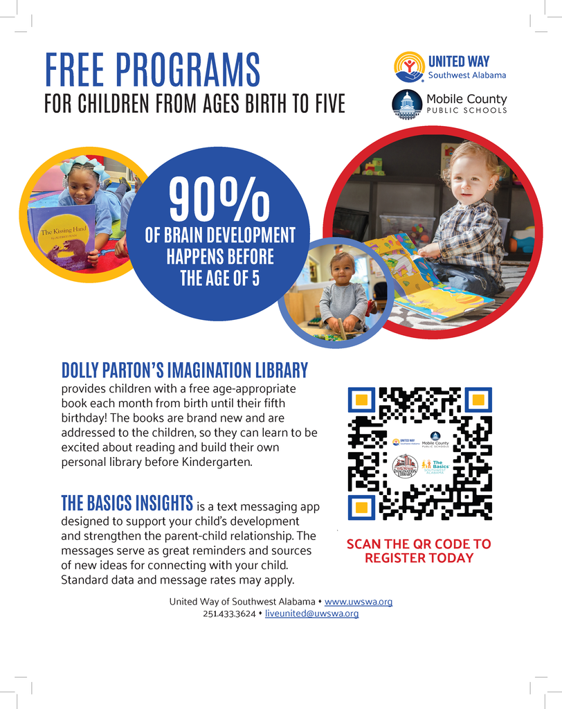 Visuals include text and icons for two free programs for children. A QR code is also present.