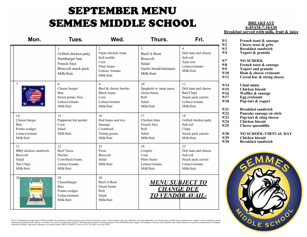 Lunch Menu- September 2026
