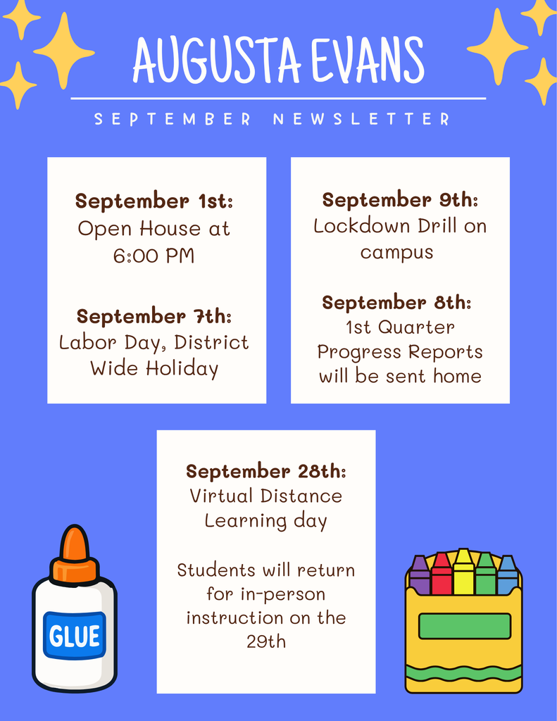 Augusta Evans Newsletter with September information and dates: on a blue back ground with glue and crayon clip art 