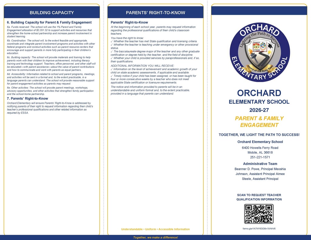 A brochure for Orchard Elementary School in 2020-21, detailing parent rights, building capacity, and family engagement.