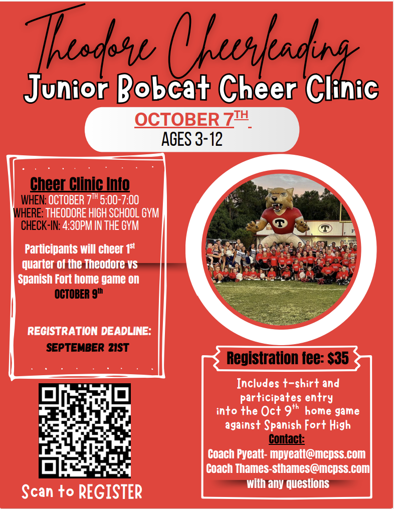 Poster advertising a cheerleading clinic on October 7th, 4:30pm-7:00pm at Theodore High School Gym. Ages 3-12.