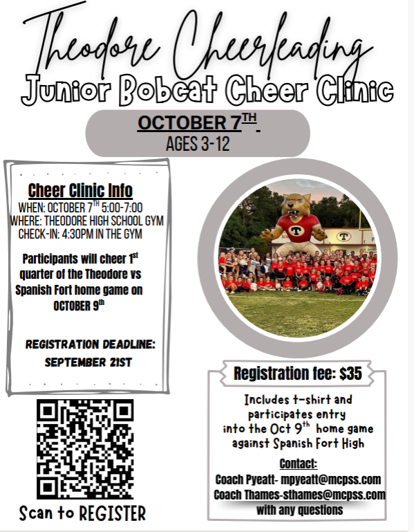 Flyer for Theodore Junior Bobcat Cheer Clinic, October 7, ages 3-12. Includes a QR code for registration and a photo of a mascot.