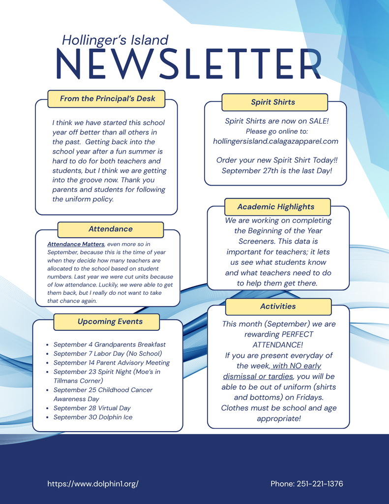 Blue background with text boxes for the Hollinger's Island newsletter. Sections include "From the Principal's Desk," "Spirit Shirts," "Academic Highlights," "Activities," and "Upcoming Events." https://aptg.co/HjV-6F