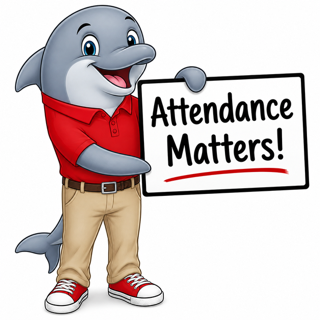 A cheerful cartoon dolphin wearing a red shirt and khaki pants holds a white sign with bold text: Attendance Matters