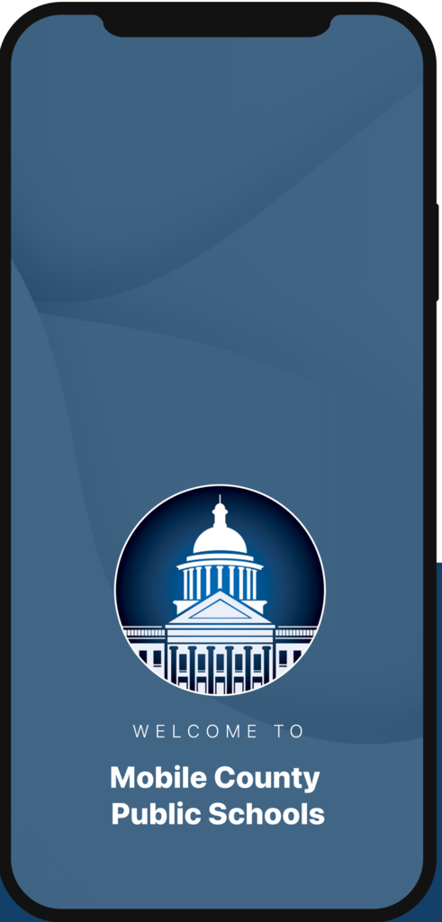 A blue screen displays a logo of a white building with a dome on top, text below says "WELCOME TO Mobile County Public Schools".