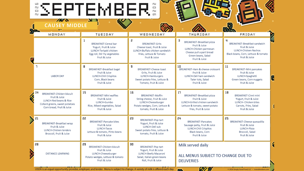 A calendar for September, showcasing a yellow background with icons and text in white, black, and red.