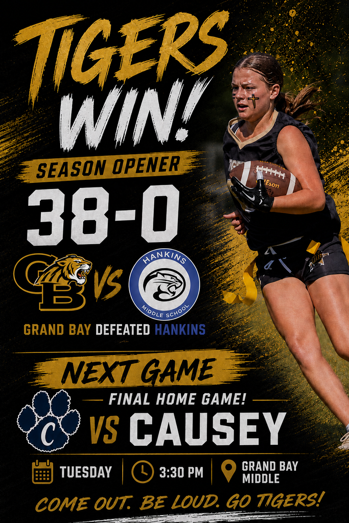 What a way to open the season! 🐯🏈  The Tigers came out strong and defeated Hankins 38–0! Now it’s time to finish strong with our final home game against Causey this Tuesday. Kickoff is at 3:30 PM at Grand Bay Middle.  Come out, be loud, and GO TIGERS! 🖤💛